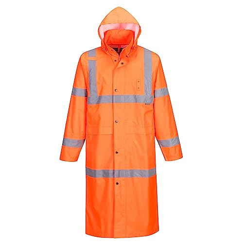 Image of Portwest UH445 Men's Classic Raincoat Waterproof Hi Vis Reflective Long Rain Jacket ANSI Class 3 Yellow | Yellow, X Large, ANSI /ISEA 107 Class 3, Regular Fit, 100% Polyester, Inner Elasticated Cuff, 2 Side Zipper Pockets, Zip Front