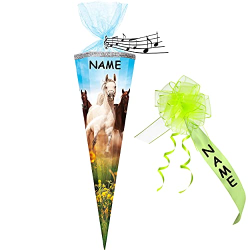 alles-meine.de GmbH Sound Modul ! - Schultüte - Wildpferde/Pferd - 70 cm - rund - incl. Namen und individueller Schleife - Organza Abschluß - Zuckertüte - mit/ohne Kuns..