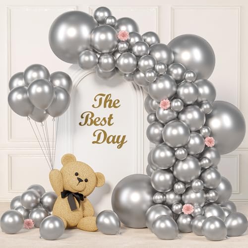 Image of 145pcs Metallic Silver Balloons Different Sizes 18 12 10 5 Inch Sliver Balloon Arch Kit Garland for Birthday Party Graduation Baby Shower Bridal Wedding Disco Anniversary Party Decoration