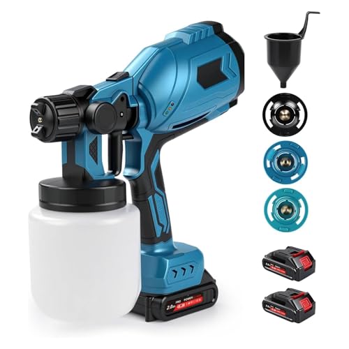 Akku Farbsprühsystem, 500W 1000ML Elektrische Spritzpistole lackierpistole Kabellose HVLP Farbsprühpistole, 36000PRM farbsprühgerät für 21V Akku mit 3 Düsen (1/1.8/2.5mm) 3 Muster für Wandfarbe