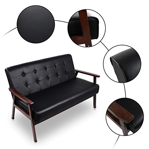 Jiasting Mid-Century Modern Solid Loveseat Sofa Upholstered Faux Leather Couch 2-Seat Wood Armchair Living Room/Outdoor Lounge Chair,50”W Black #TOP4