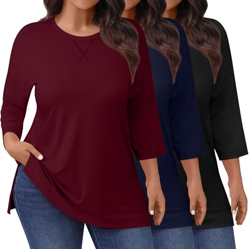3 Pack Women's Plus Size 3/4 Sleeve Tops Cotton Side Slit Round Neck T-Shirt Loose Fit Casual Basic Tunic Tee