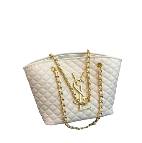 Luxury Quilted Tote Shoulder Bag with Gold Chain Strap – Large Capacity, Elegant White Handbag for Women