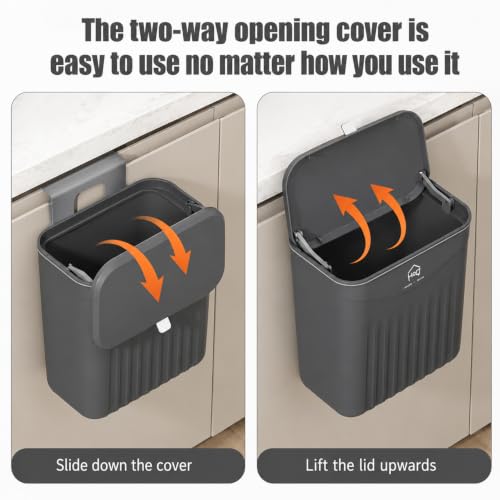 Image of House of Quirk 7L Hanging Kitchen Trash Can with Lid, Wall Mounted & Cabinet Door Waste Bin, Double-Sided Opening (Slate Grey)