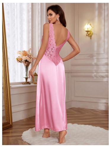 Image of WDIRARA Women's Satin Sleepwear Nightgown | Lace, Backless, Deep V Neck, Sleeveless, Long