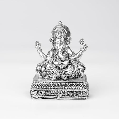 Image of Artarium Brass Vighnaharta Lord Ganesha Statue Car Dashboard (Height 4 inch), Small Ganpati ji Murti for Car Accessories, Home Decor, Office Gifting and Pooja Room (Silver Finish)