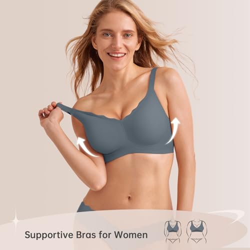 LetsJoli Wireless Seamless Bras for Women No Underwire Push Up Scalloped V Neck Full Coverage Support Bralettes Everyday Bras Blue - Image 2