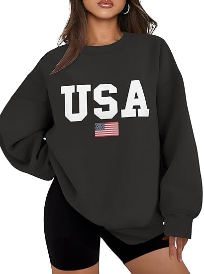 Dressmine Womens Oversized USA Sweatshirt Fleece Long Sleeve Pullover American Flag Crewneck Sweater Graphic Hoodies