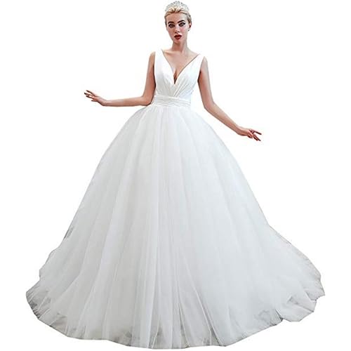 Women's Simple V Neck Sleeveless Satin Tulle Backless Bride Ball Gown Evening Wedding Dress White