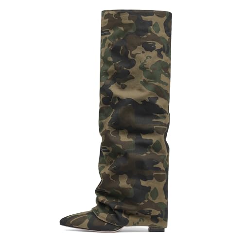 Image of SaraIris Women's Slouchy Knee High Boots - Black, Pointed Toe, Fold Over, Chunky, Shark Boots