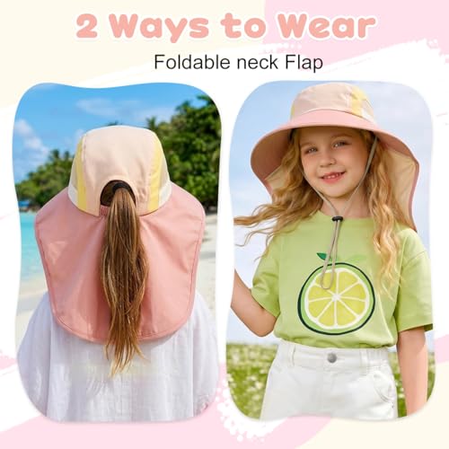 Image of SNOWIE SOFT Wide Brim Sun Hat for Kids Girls with Neck Flap Shawl, UPF 50+ Adjustable Chin Strap Sun Protection Hat for Girls 2-10 Years Old, Summer Breathable Sun Visor Hat Windproof Beach Hat
