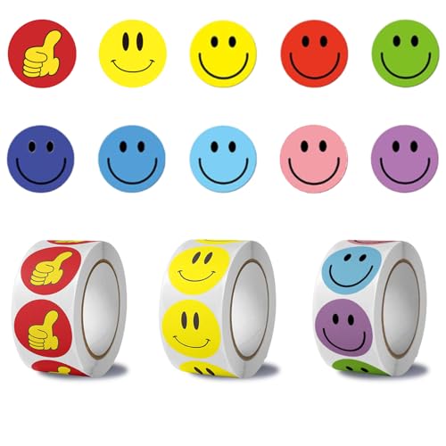 1500 Gommette Smiley Autocollant Sticker, Rondes de 2,5 cm, Stickers Récompense Enfants, Autocollants de Récompense pour Enseignants, Rouleau Autocollant Rond pour Parent Enfant Élève Scolaire