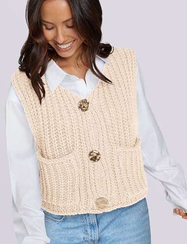 Image of UEU Womens Chunky Sweater Vest Button Down Sleeveless Cardigan V Neck Crop Crochet Knit Tops 2025 Fashion Trendy Clothes