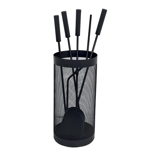 WERKA PRO Serviteur élégant pour poêle et cheminée, ensemble complet de 5 pièces avec balai, pelle, crochet, tisonnier et seau, design moderne en acier noir, dimensions 52 cm, couleur noire.