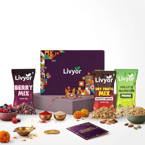 Image of Livyor Happy Rakhi Gift Hamper for Brother with Set of 1 Rakhi Roli Chawal, Khatta Meetha Dry Fruits Snack, Pudina Millet Mix, Berry mix, 150g, Rakhi gift combo for brother and bhabhi.
