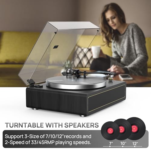 All-in-one Record Player Turntable with Built-in Speakers Vinyl Record Player Support Wireless Playback Auto Stop 33&45 RPM Speed RCA Line Out AUX in Belt-Drive Turntable for Vinyl Records Black by WOCKODER - Image 4