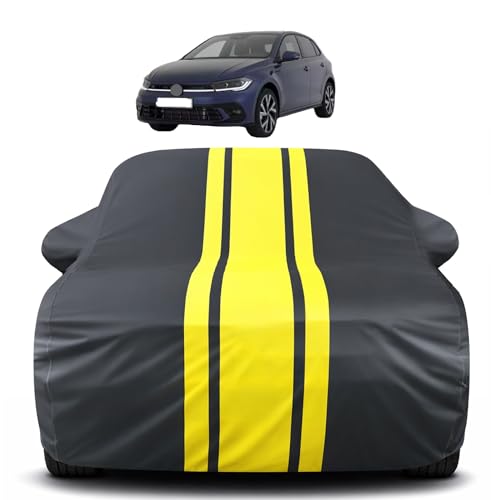 Image of Auto Hub Car Cover Compatible with Volkswagen Polo New with Mirror Pocket, Soft Cotton Lining, Polo Car Cover Waterproof - Yellow-Black