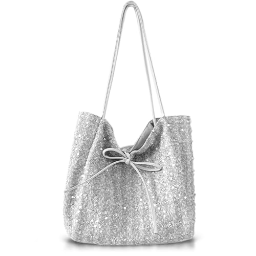 Sequin Tote Bag, Large Capacity Shoulder Bag, Handbag for Women Wedding, Prom, Parties, Travel(Silver)2
