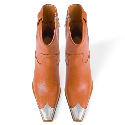 Image of Cowboy Ankle Boots for Women Engraved Steel Toe Cowgirl Boots Stacked Block Heels Short Cowboy Boot Fashion Dressy Western Country Booties