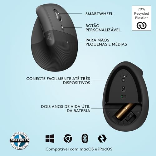 Mouse Sem Fio Logitech Lift Vertical com Design Ergonômico para Redução de Tensão Muscular, Cliques