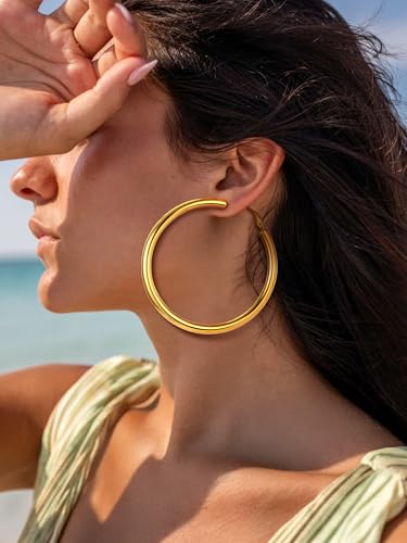 Image of Stainless Steel Chunky Hoop Earrings For Women, Minimalist and Chic, Black /Gold Plated, Round Hoops Earrings Hypoallergenic, Size: 30mm /40mm /60mm /80mm, Come with Box