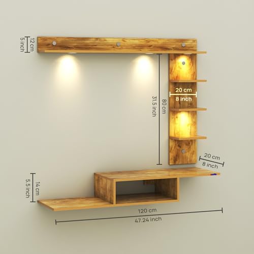 Image of Wintor Engineered Wood Wall Mounted TV Unit with 4 LED Lights, 3 Open Shelves, 1 Storage Box & Decorative Display Shelf for Living Room | Ideal for Upto 43 Inch TV- GiantWood(DIY Assembly)
