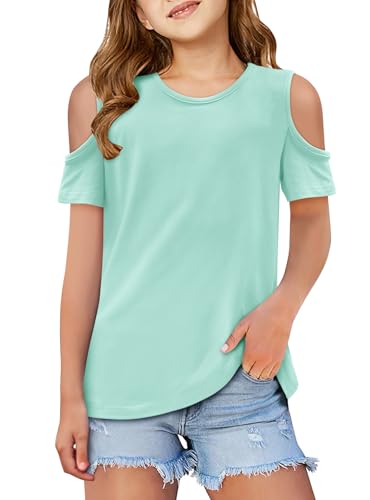 Yoklass Girls Short Sleeve Shirts Cute Crew Neck Cold Shoulder Tee Top 5-14 Years
