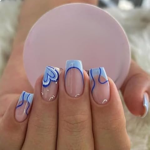 GlamRays 24 Blue Square Love French Press On Nails Cover