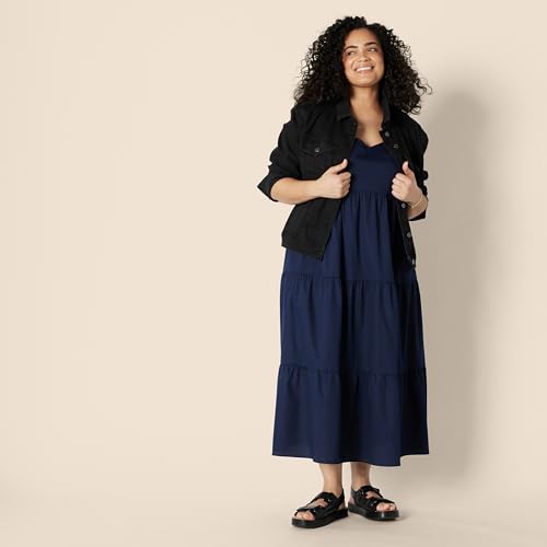 Amazon Essentials Women's Fit and Flare Empire Waist Sweetheart Neck Cotton Sateen Tiered Maxi Dress, Navy, Small - image 6