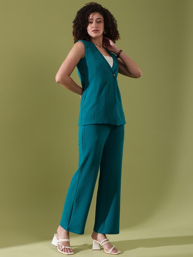 Image of Selvia Womens Lycra Solid Co-Ords Set|Sleeveless V-Neck Top & Trouser 2 Piece Co-Ord Set