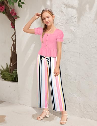Image of Girls Clothes Solid Color Square Collar Stretch Top and Wide Leg Pants Clothes for Teen Girls 6-14Y