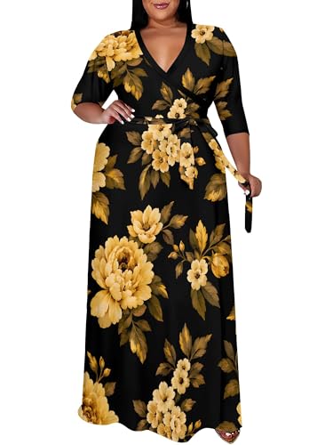 Image of PinkPatty Women's Plus Size Maxi Dress Print 3 /4 Sleeves V Neck Party Sundress Wedding Guest Dresses