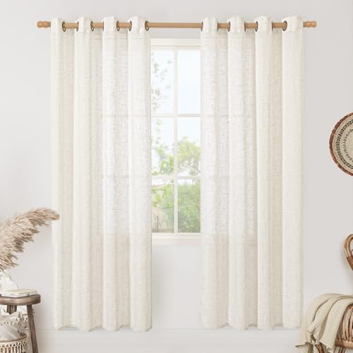 Image of LAMIT Cream Linen Curtains 80 inches Long 2 Panels Set, Sheer White Light Filtering Neutral Drapes with Bronze Grommet for Bedroom /Living Room, 52 x 80 Inch