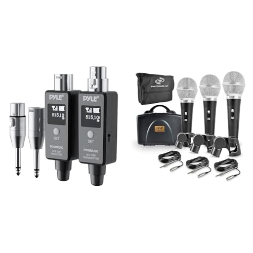 Image of Pyle 3-Piece Dynamic Microphone Kit with UHF Wireless XLR Adapter System for Dynamic Mics, Transmitter & Receiver, 90ft Range