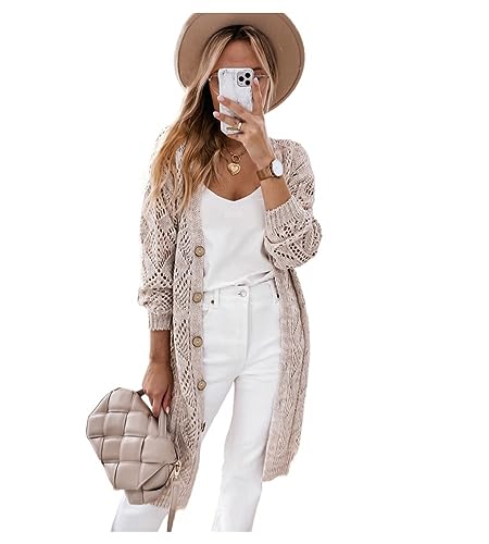 Women Fashion Long Sleeve Cardigan Solid Color Open Front Sweater Hollow Out Outwear Button Down Soft Crochet Coat