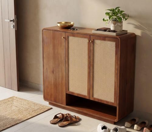 Image of Shoe Cabinet with Cane Detailing, Mango Wood, Solid Wooden Cane Shoe Rack Cabinet Storage with Shelf Storage for Entryway, Living Room, Balcony & Home (B-Hony)