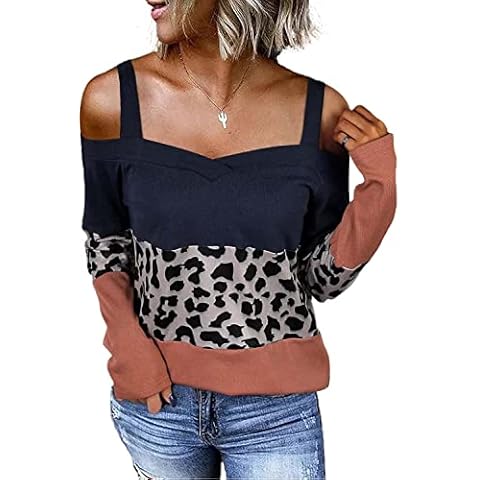 QUEENIE VISCONTI Women Off The Shoulder Tops and Blouses Leopard Color Block Cold Shoulder Knit Pullovers M Cover