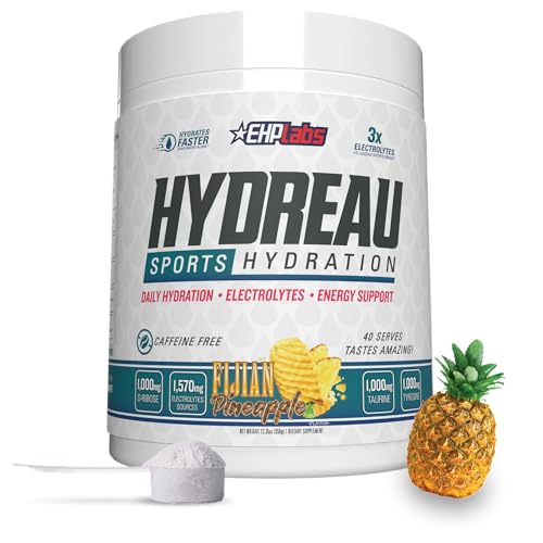 Image of EHP Labs Hydreau Electrolytes Powder No Sugar - Hydration Powder for Endurance & Energy - Electrolyte Powder for Men & Women - Sugar Free Electrolytes - Fijian Pineapple (40 Serves)