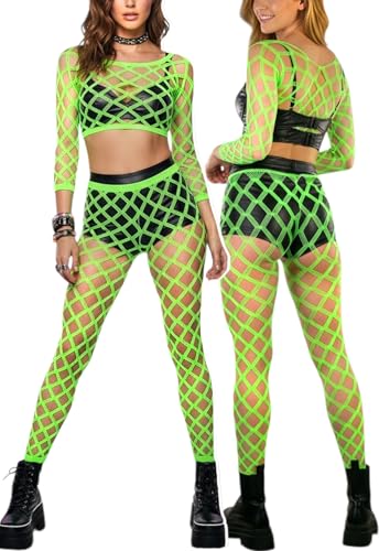 Image of ToBeInStyle Women's Spandex Multi Net Fishnet Set Rave Novelty Party Crop Top & Tights