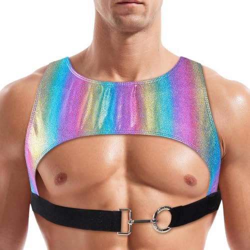 Image of GENEMEN Mens Pattern Tank Tops Faux Leather Bikini Sexy Crop Tops Single Breasted Bra (Metallic-Rainbow)