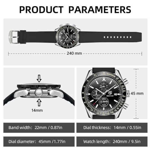 Image of BENYAR Men's Watches Chronograph Watch for Men Multifunction Black Waterproof Sport Fashion Quartz Wristwatches Calendar with Stainless Steel Strap