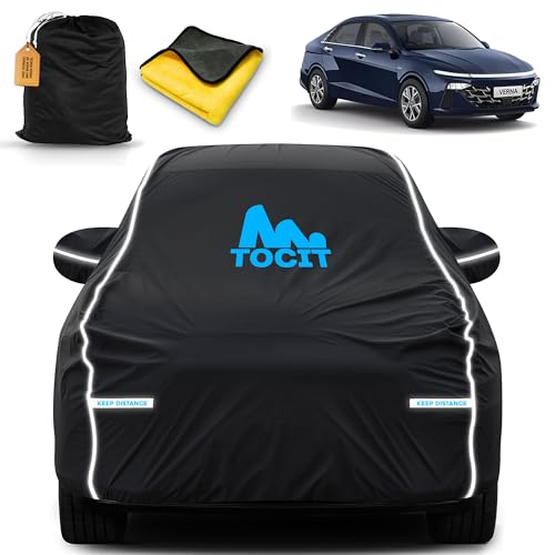 Image of Tocit Hyundaii Verna 2023 Waterproof Long Life Car Cover with Safety Glow Reflective Strap, Premium Velvet Velour Fabric, Soft & Stretchable, Machine Washable, Tri-Stitch Custom Fit with Mirror Pocket