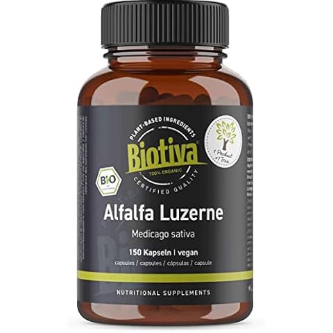 Biotiva Alfalfa Luzerne Bio - 150 Kapseln - Medicago sativa - vegan - Saat-Luzerne - Schneckenklee - Ewiger Klee - Abgefüllt und kontrolliert in Deutschland Cover