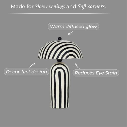 Image of Table Lamp for Living Room Decoration, Handcrafted Rhythm Dome with White & Black Striped Pattern, E27 Bulb Compatible (40 cm H x 28 cm W) (White, Black)
