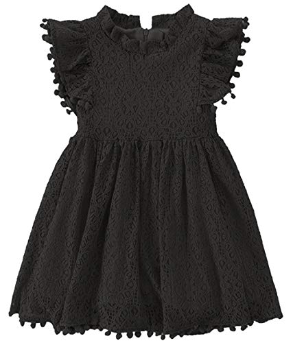 RJXDLT Toddler Girls Elegant Lace Pom Pom Flutter Sleeve Party Princess Dress 4 Years Black 382