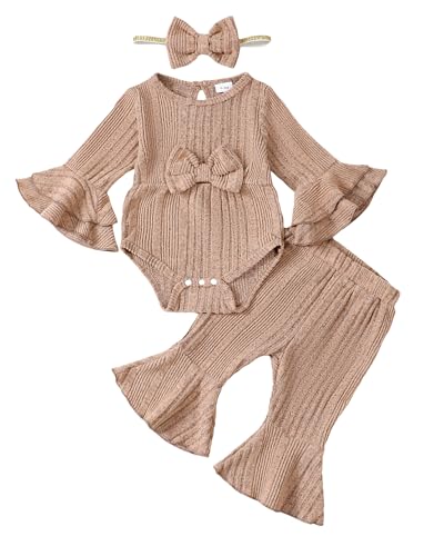 SUNNY PIGGY Baby Girl Clothes Newborn Outfit Infant Fall One Piece Set Pants Set Long Sleeve Romper Baby Girl's Clothing Headband 0-3 Month Brown
