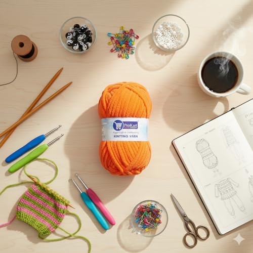 Image of ProKart Premium Blankie Wool, Plush & Cuddly, Chenille Yarn Supersoft Hand Knitting Wool Ball | Blanket Thick /Mottu Yarn Ball Suitable for Hand Knitting and Crocheting (Bright Orange, 100gms x 4 Pack)