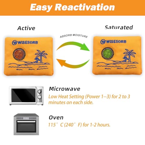 Wisesorb 100gx2pcs Rechargeable Desiccant Packs for Storage, Color Indicating Silica Gel Packets Moisture Absorbers with Visible Window, Reusable Dehumidifier Bags for Gun Safe Closet Basement Car