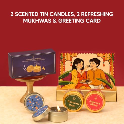 Image of Sneh 12-Item Rakhi Gift Hamper for Brother and Bhabhi - Bhaiya Bhabhi Rakhi Set, Evil Eye & Lumba Rakhi Combo, Roli-Chawal, Chocolate Dry-Fruit Laddoos, Millet Bhel, Candles, Mukhwas by Eat Better Co