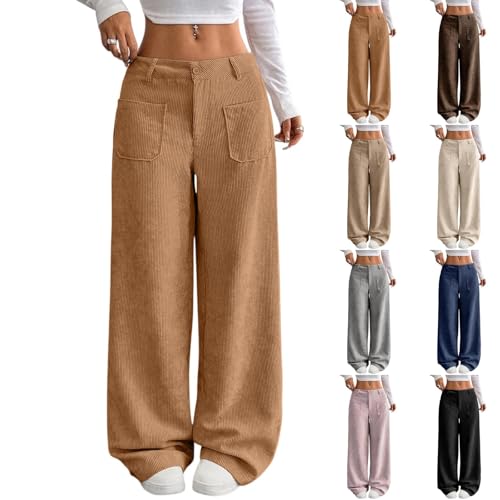 Womens Corduroy Pants Low Rise Wide Leg Cargo Pants Casual Baggy Lounge Pant Office Business Work Pant with Pockets